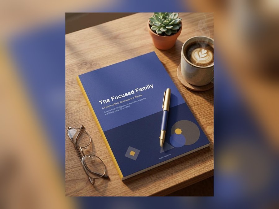 The Focused Family ADHD workbook and planner lying on a wooden desk