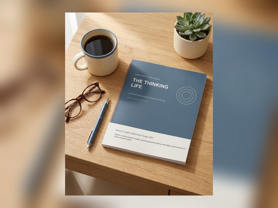The Thinking Life CBT workbook on a wooden desk beside a mug and reading glasses