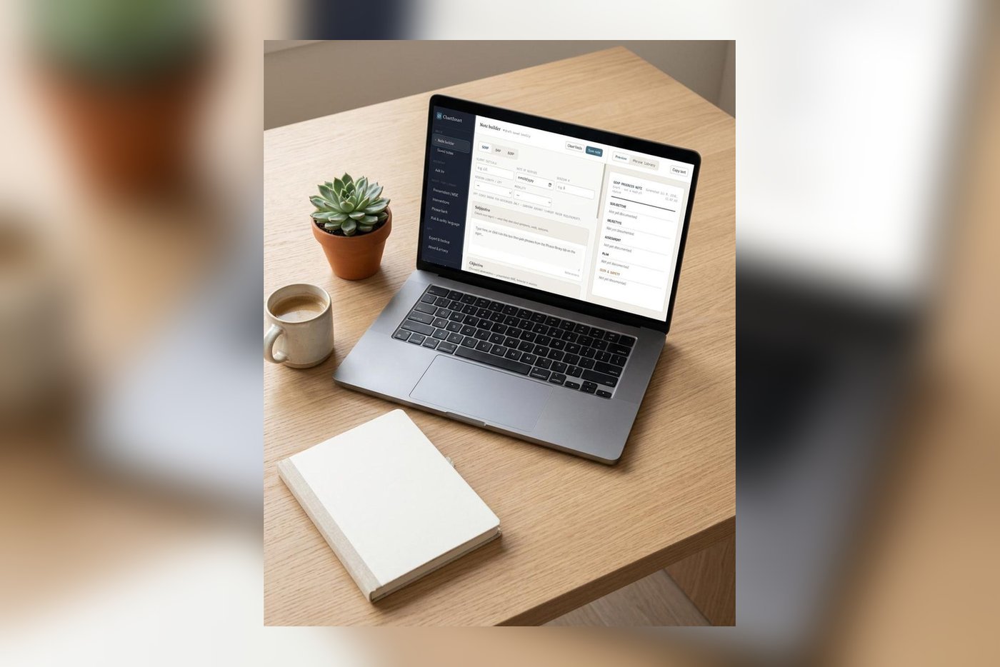 The ChartSmart progress note builder open on a laptop on a wooden desk