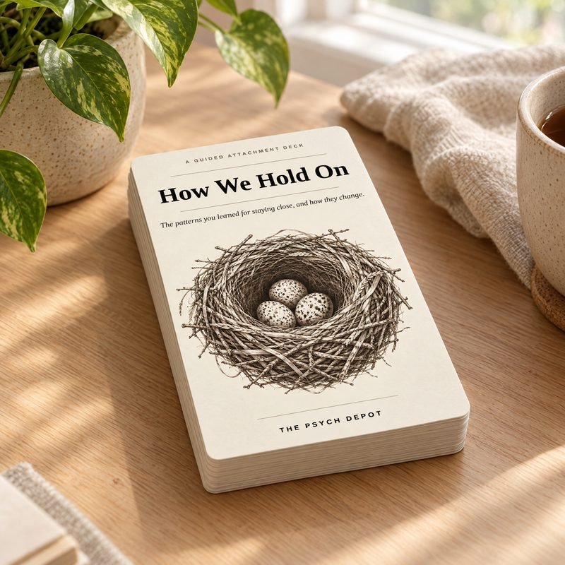 How We Hold On attachment style card deck on a sunlit desk