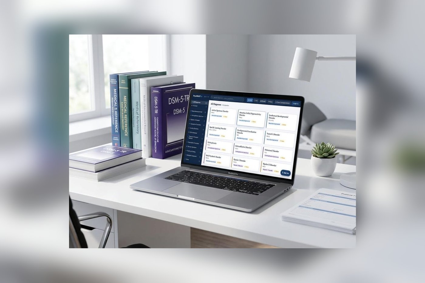 The DSM-5-TR reference app open on a laptop beside a row of clinical reference books