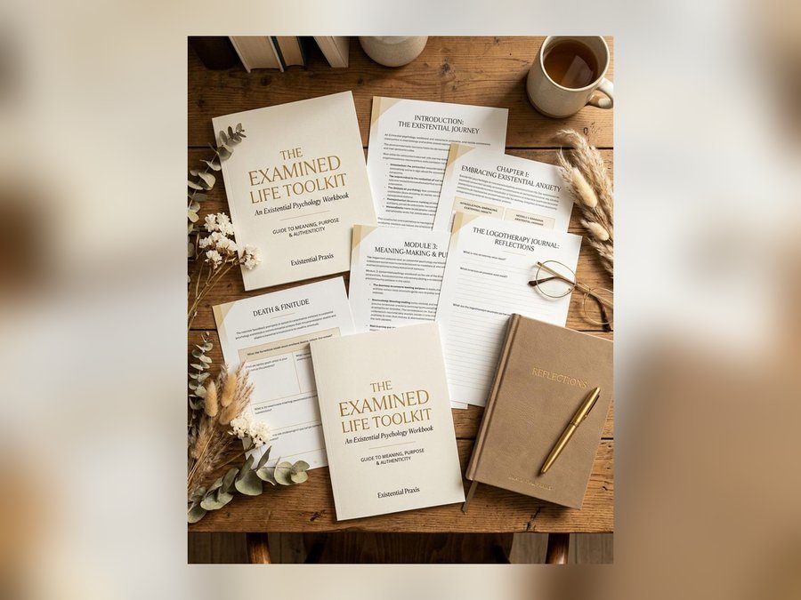 The Examined Life Toolkit workbook and its printed worksheets laid out on a wooden desk