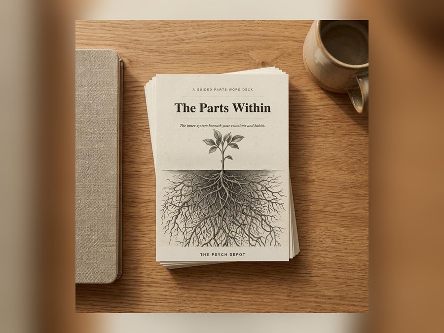The Parts Within, a guided parts-work card deck, stacked on a wooden desk