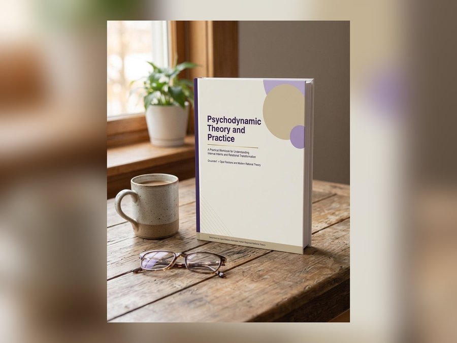 The Psychodynamic Theory and Practice workbook standing on a wooden table by a window